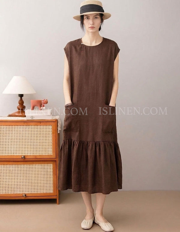 Women’s Brown Linen Midi Dress with Pockets
