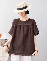 Casual Green Linen Short Sleeve Blouse for Women