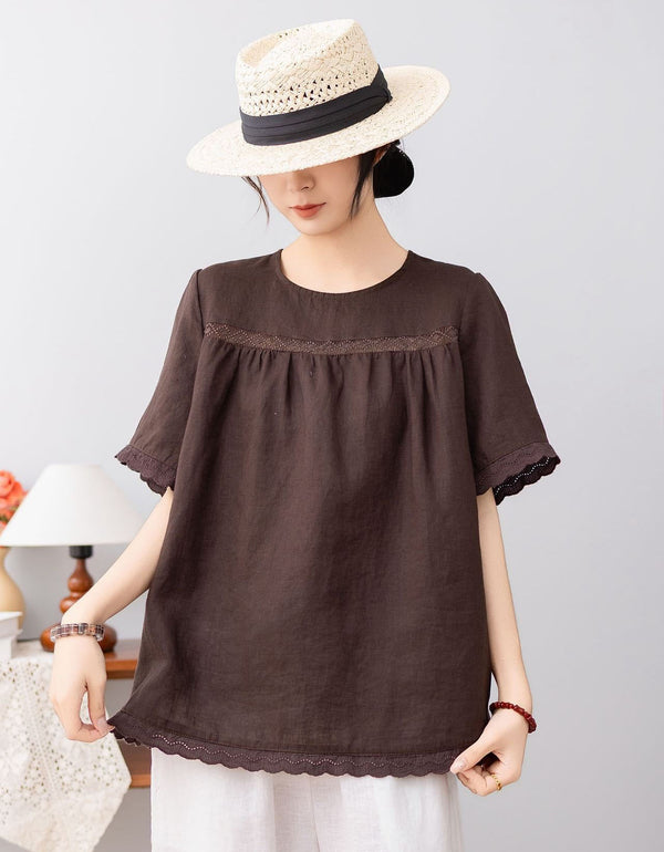 Casual Green Linen Short Sleeve Blouse for Women