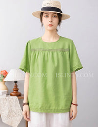 Women’s Green Linen Blouse with Lace Trim Top
