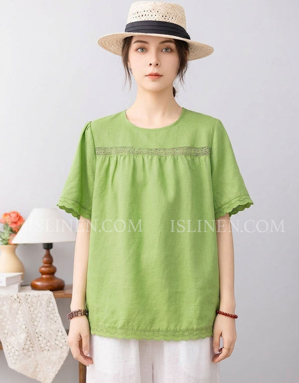 Women’s Green Linen Blouse with Lace Trim Top