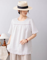 Lace panel detail on women’s linen blouse
