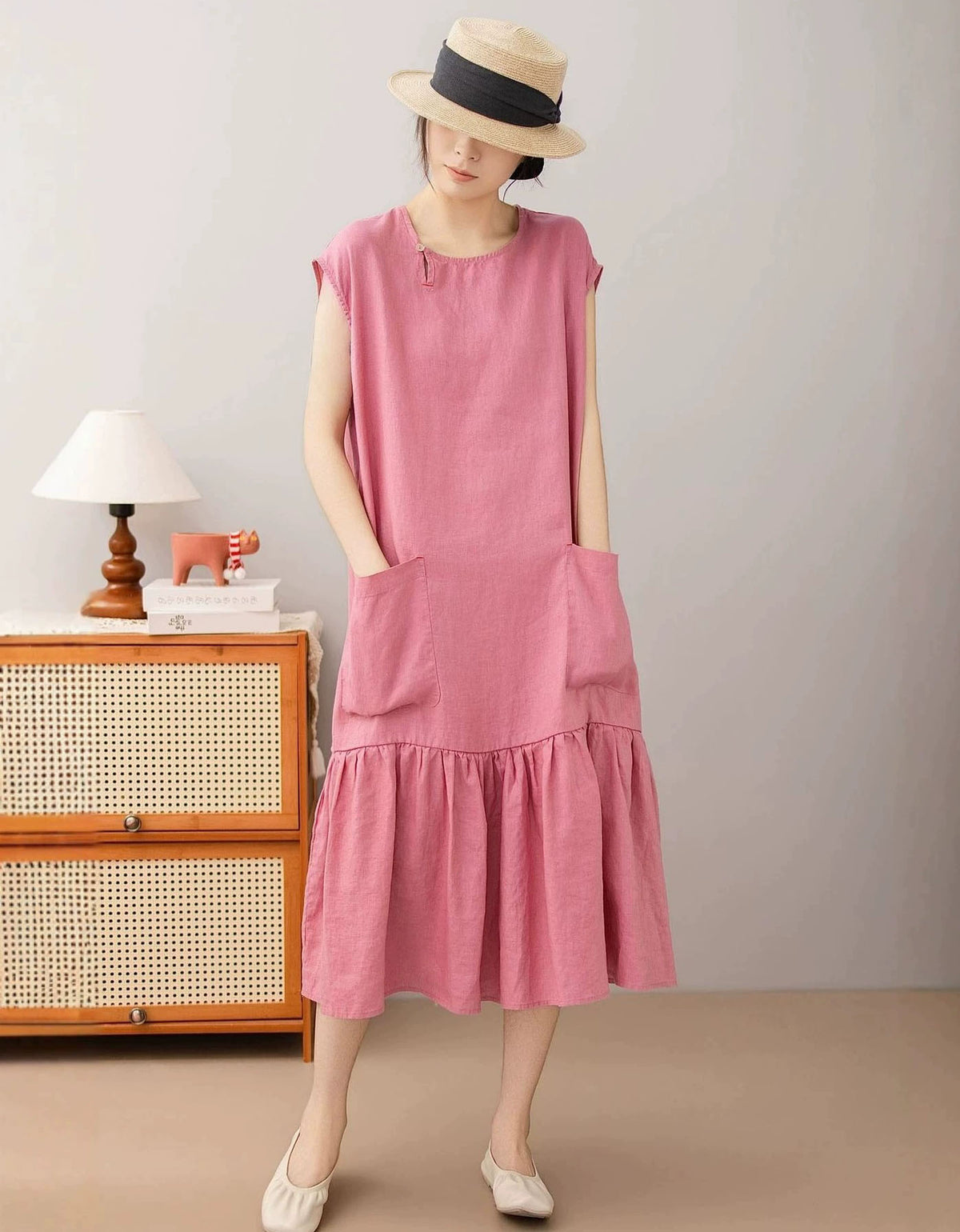 Casual Brown Linen Ruffle Hem Dress for Women