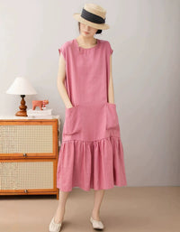 Casual Brown Linen Ruffle Hem Dress for Women