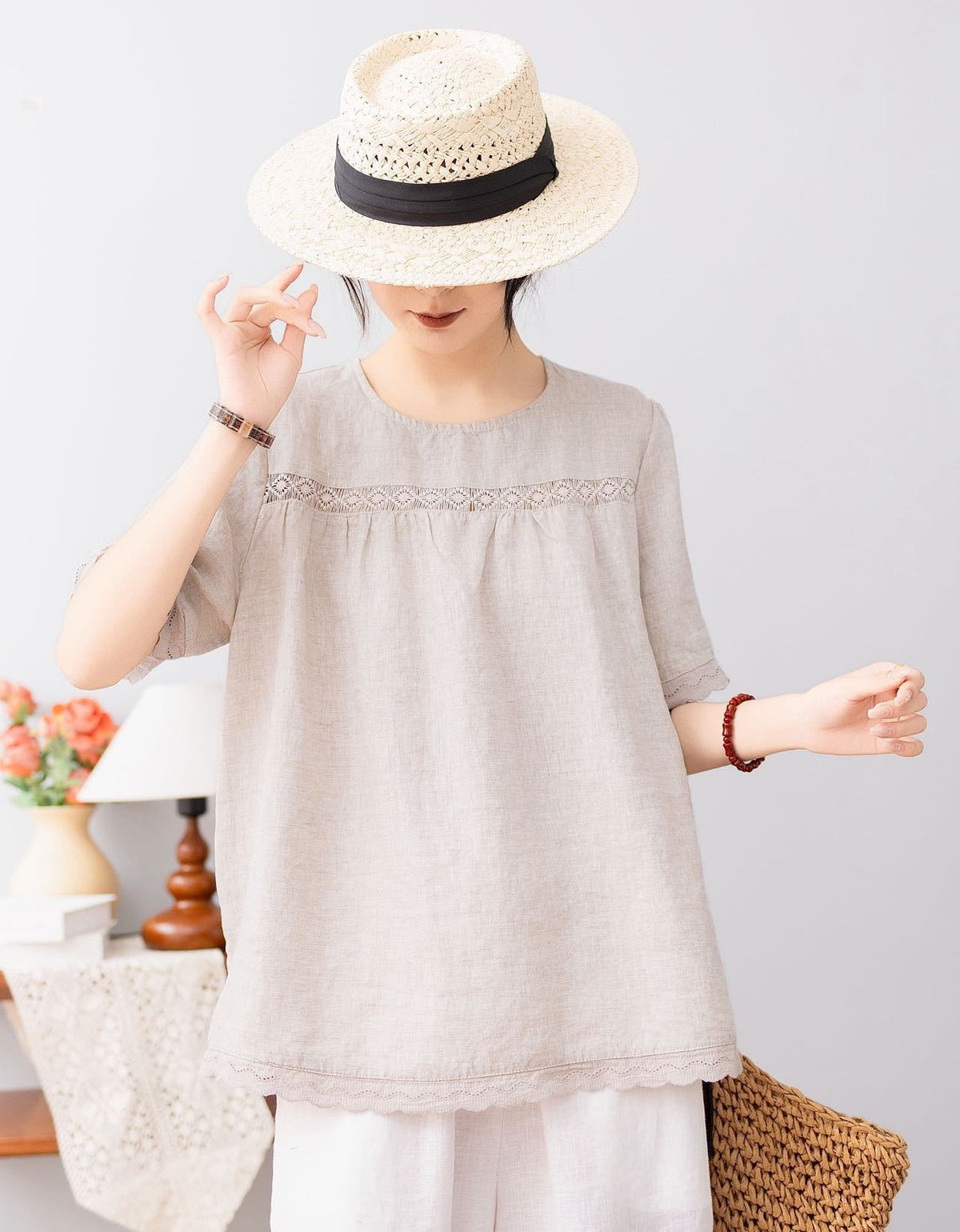 Casual green linen short sleeve blouse for women