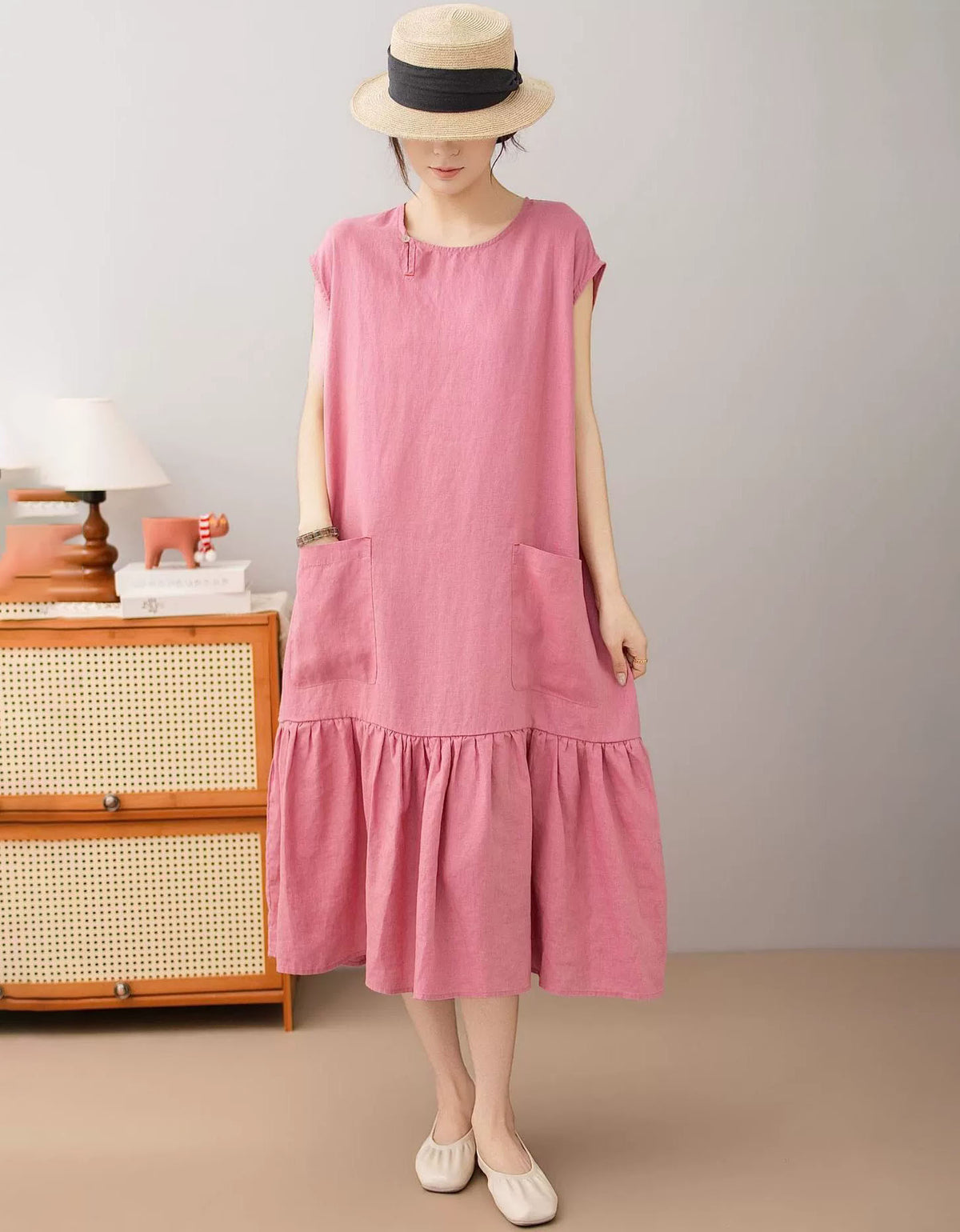 Women’s Brown Linen Pocket Dress with Ruffle Hem