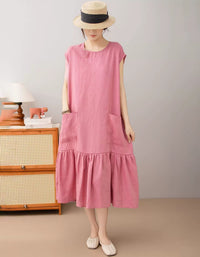 Women’s Brown Linen Pocket Dress with Ruffle Hem