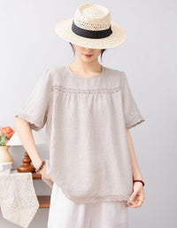Breathable Green Linen Round Neck Casual Blouse