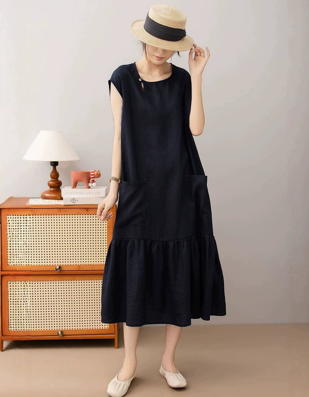 Women’s Sleeveless Linen Midi Dress Casual Fit