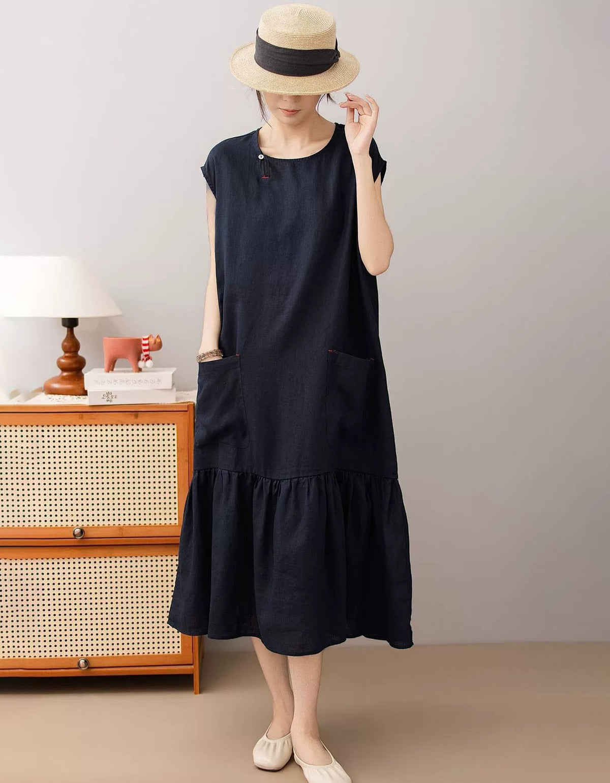 Loose Sleeveless Brown Linen Midi Dress for Summer