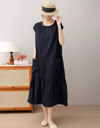 Loose Sleeveless Brown Linen Midi Dress for Summer