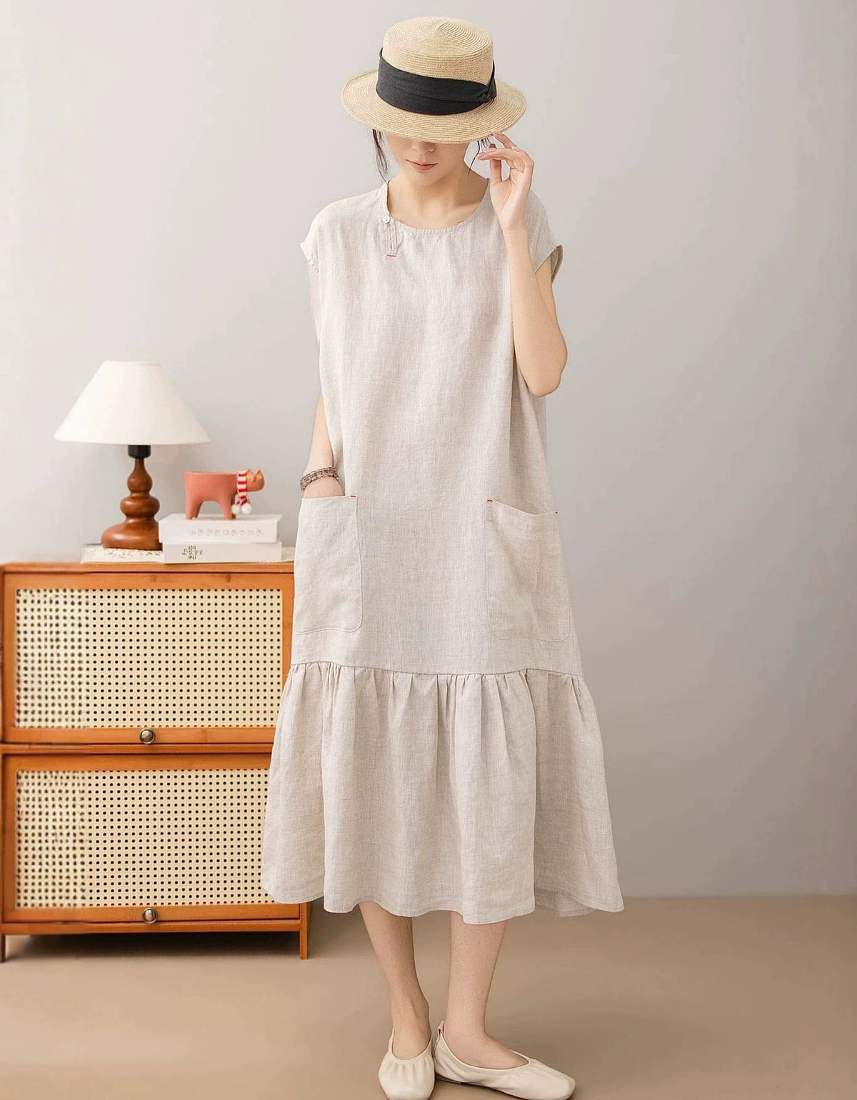 Vintage Brown Linen Dress with Ruffle Hemline