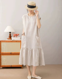 Vintage Brown Linen Dress with Ruffle Hemline