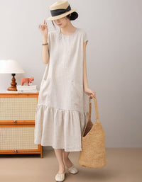 Vintage Casual Linen Dress with Pockets Brown