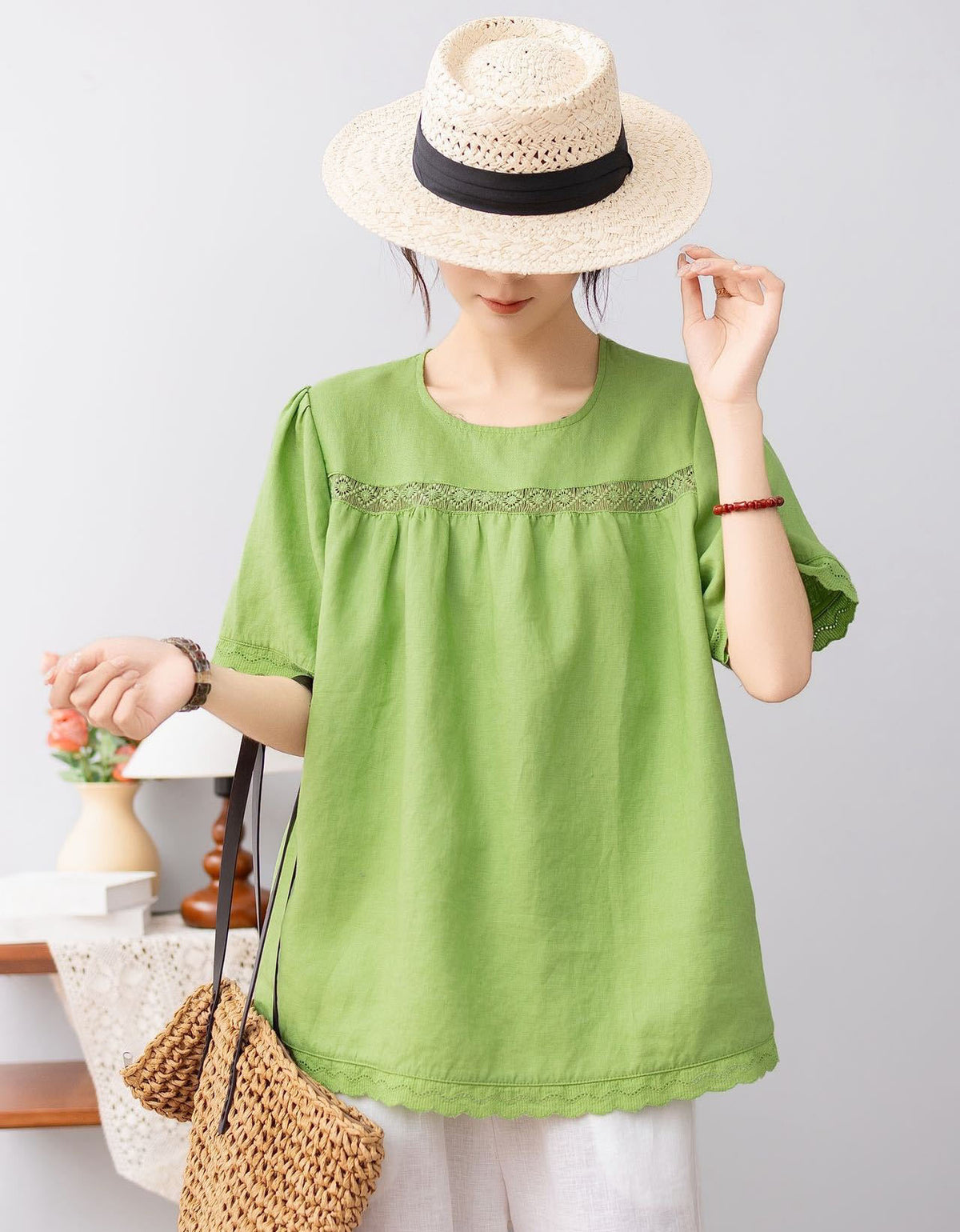 Loose fit summer linen top full body view