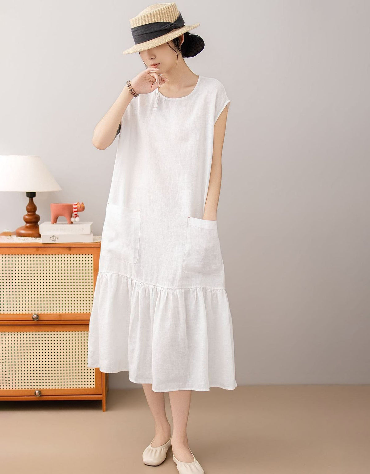 Breathable Brown Linen Midi Dress with Pockets