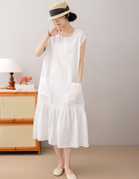 Breathable Brown Linen Midi Dress with Pockets