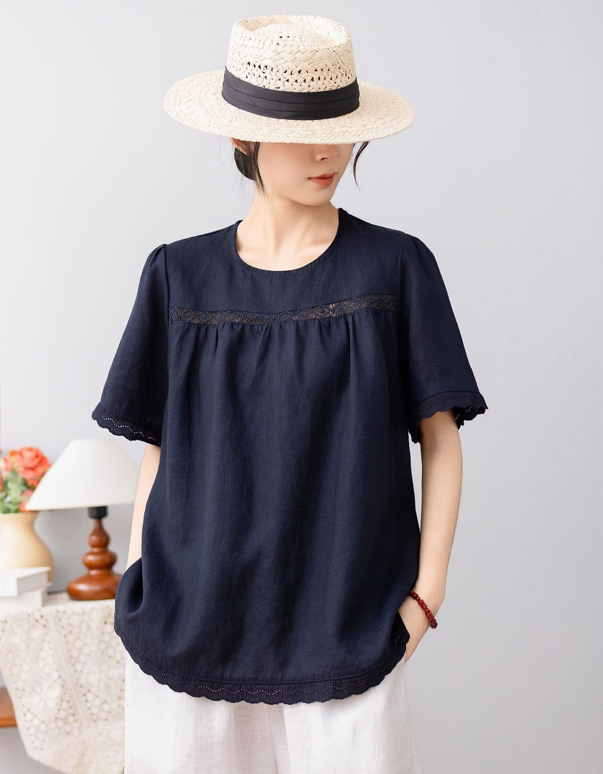 Women’s Summer Linen Blouse with Scalloped Hem