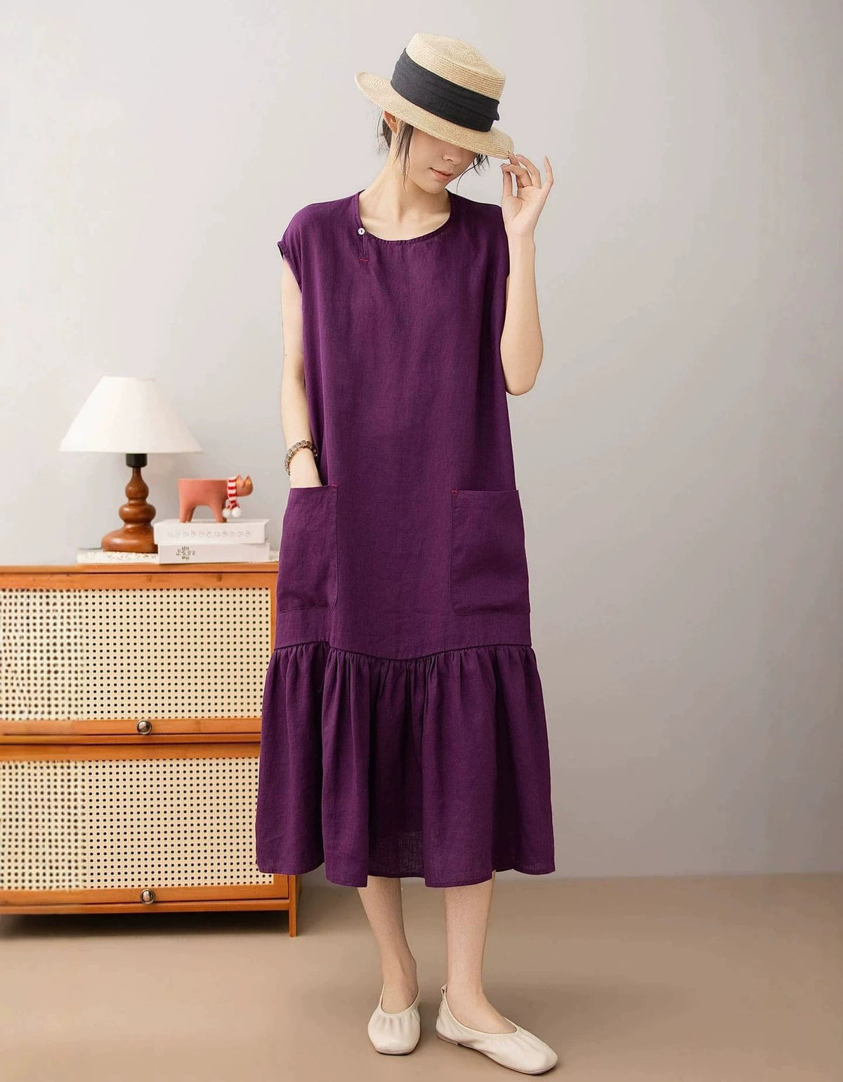 Loose Fit Linen Midi Dress with Pockets Brown