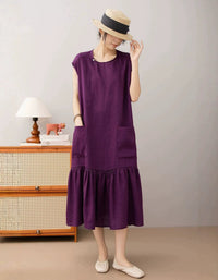 Loose Fit Linen Midi Dress with Pockets Brown