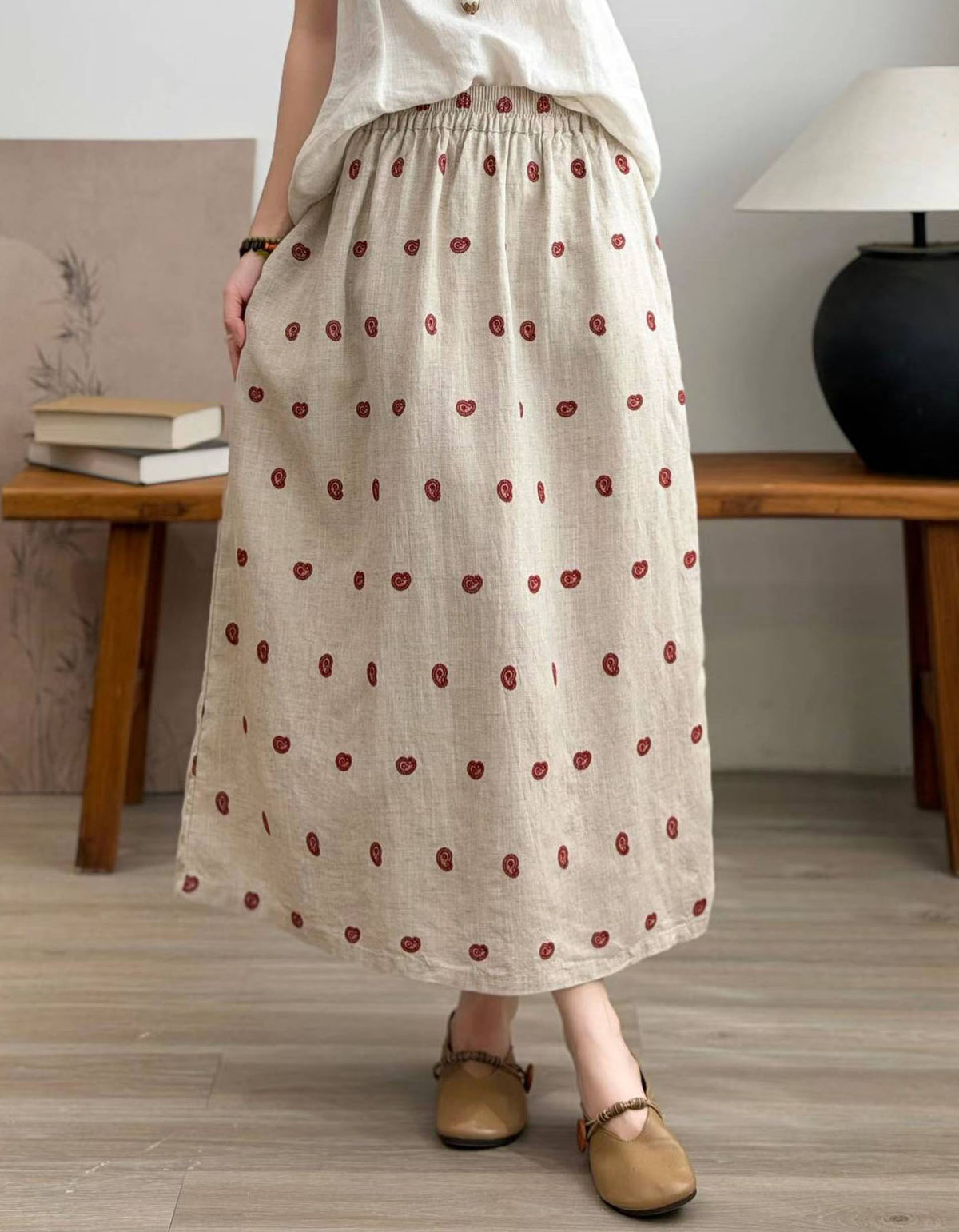 Women’s Linen Midi Skirt Elastic Waist Printed Casual