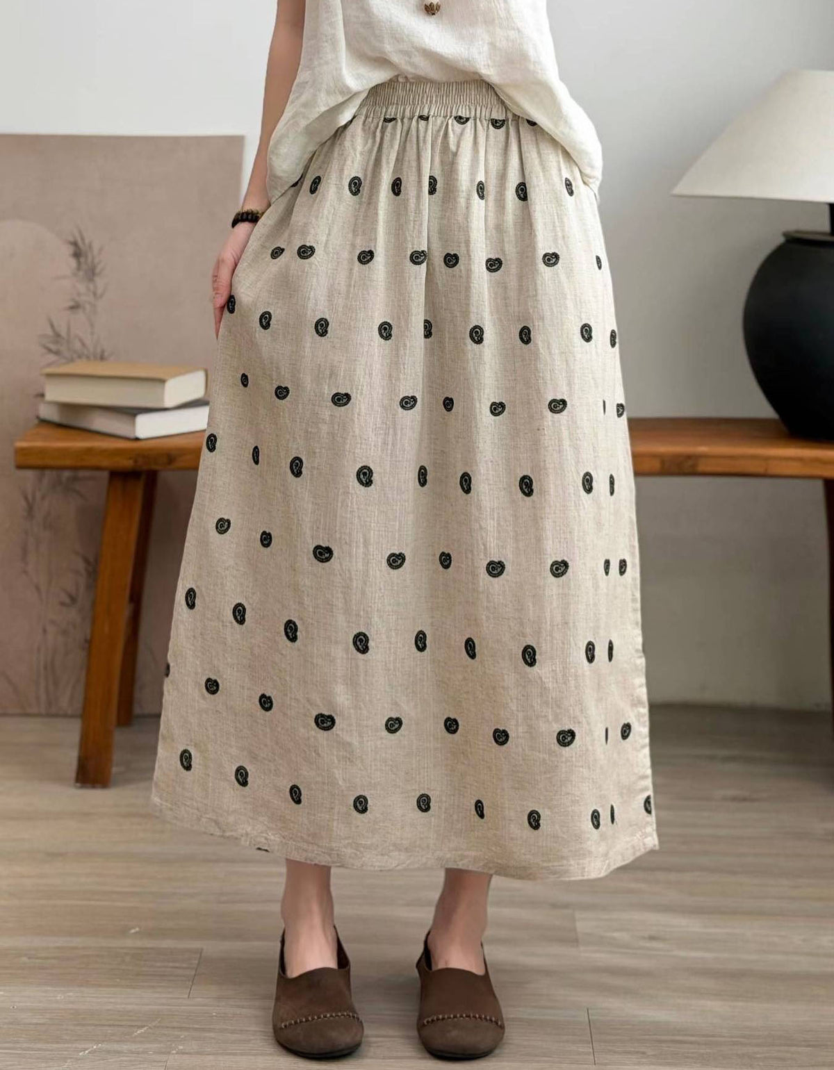 Women Casual Embroidered Elastic Waist Linen Midi Skirt