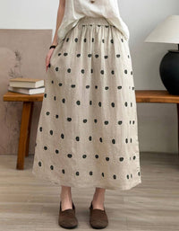 Women Casual Embroidered Elastic Waist Linen Midi Skirt