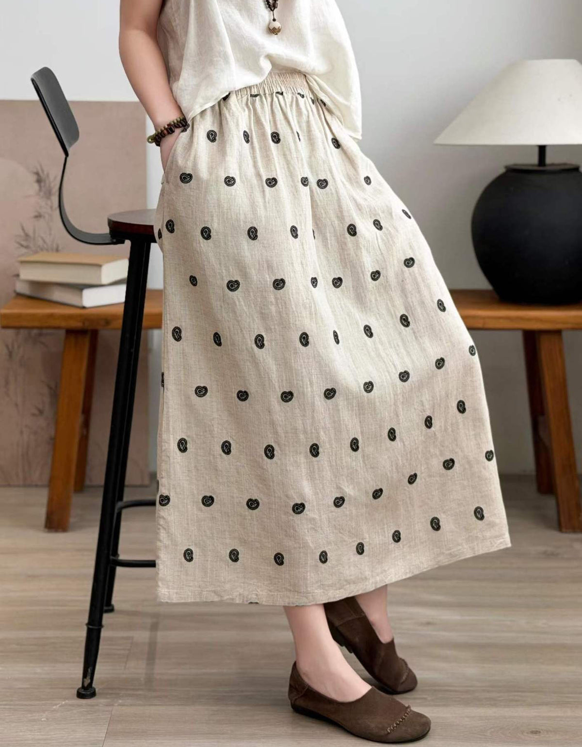 Beige Linen Skirt Women Elastic Waist Midi Casual