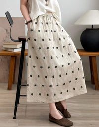 Beige Linen Skirt Women Elastic Waist Midi Casual