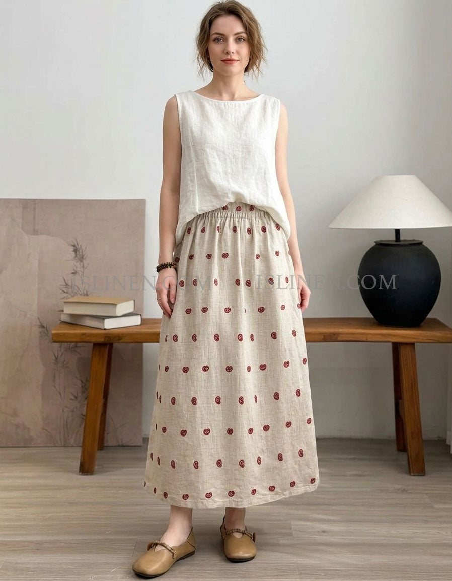 Casual Linen Skirt Women Elastic Waist Midi Style
