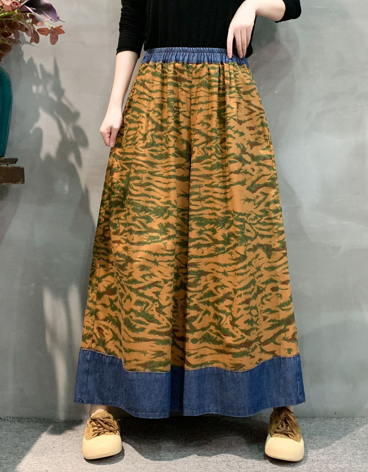 Brown Floral Wide Leg Pants Women High Waist Loose Fit