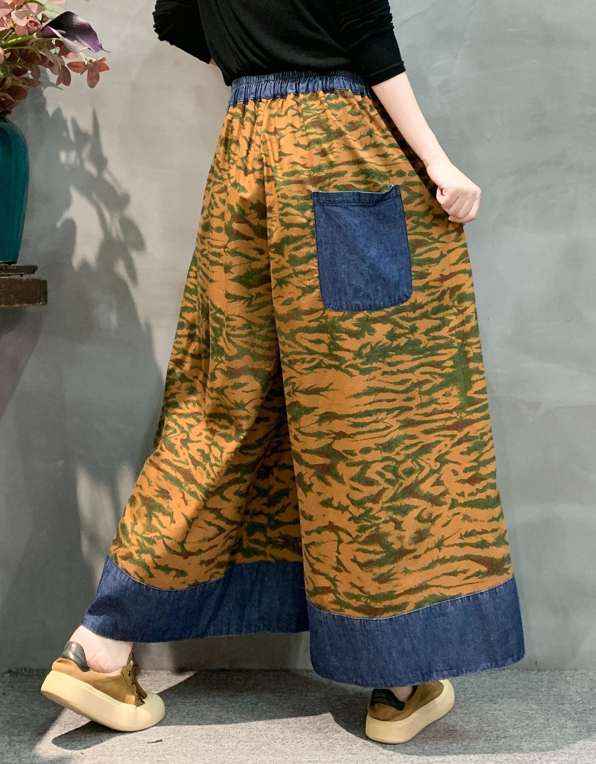 Casual Brown Floral Wide Leg Pants Women Loose Fit
