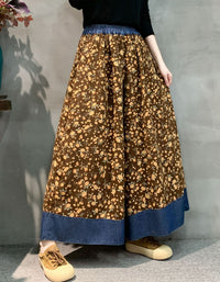 Vintage Floral Wide Leg Pants Women Elastic Waist Casual
