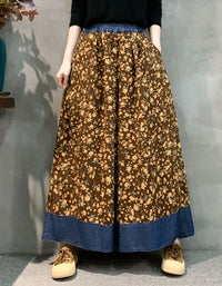 Brown Floral Wide Leg Pants Women Elastic Waist Denim
