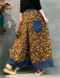 Brown Floral Palazzo Pants Women Wide Leg Denim Hem