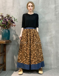 Women Brown Floral Palazzo Pants Elastic Waist Loose