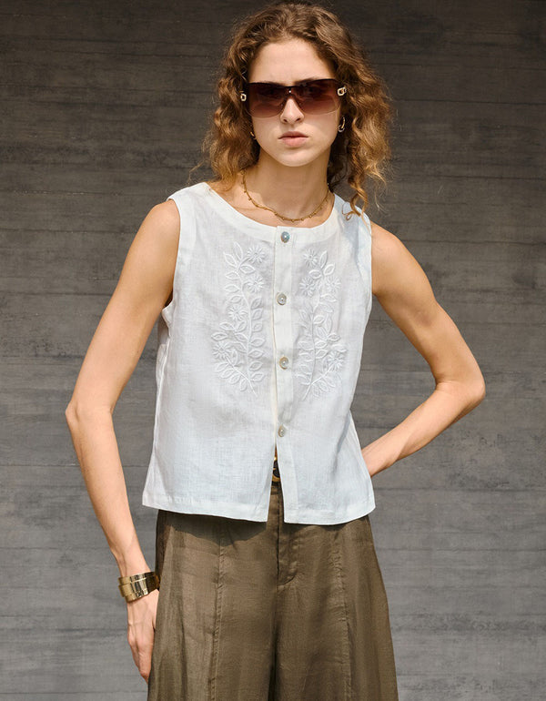 casual cream linen embroidered top styled with white skirt
