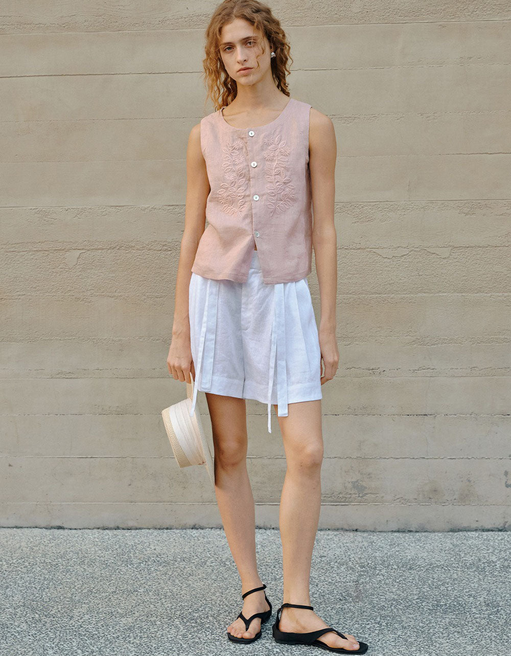 lightweight linen sleeveless blouse button front summer outfit