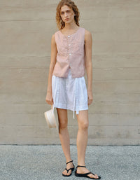 lightweight linen sleeveless blouse button front summer outfit