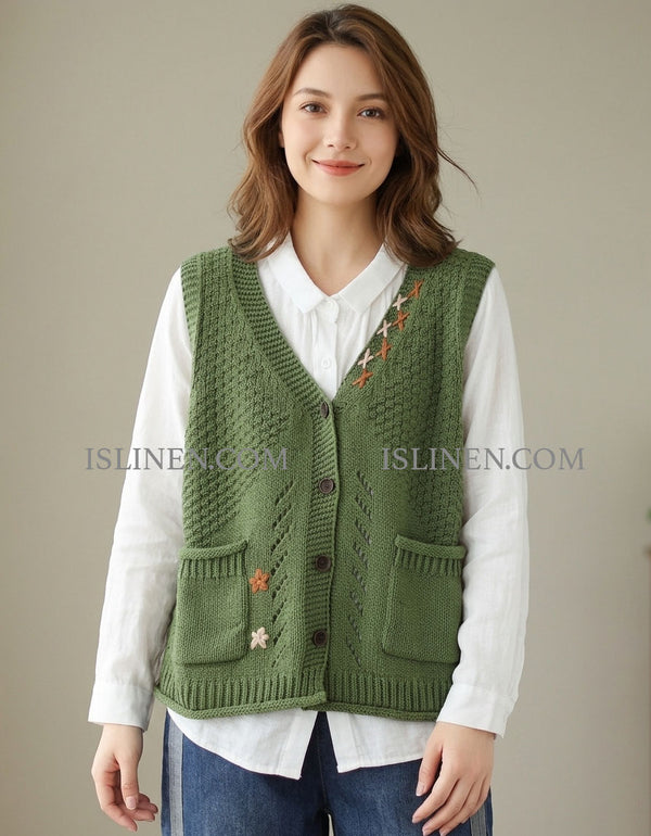 Women’s Green Knit Vest Embroidered Button Cardigan