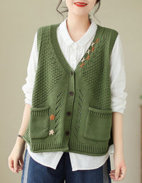 Women’s Casual Knit Vest with Pockets and Embroidery