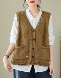 Vintage Style Knit Vest Women Button Front Sleeveless