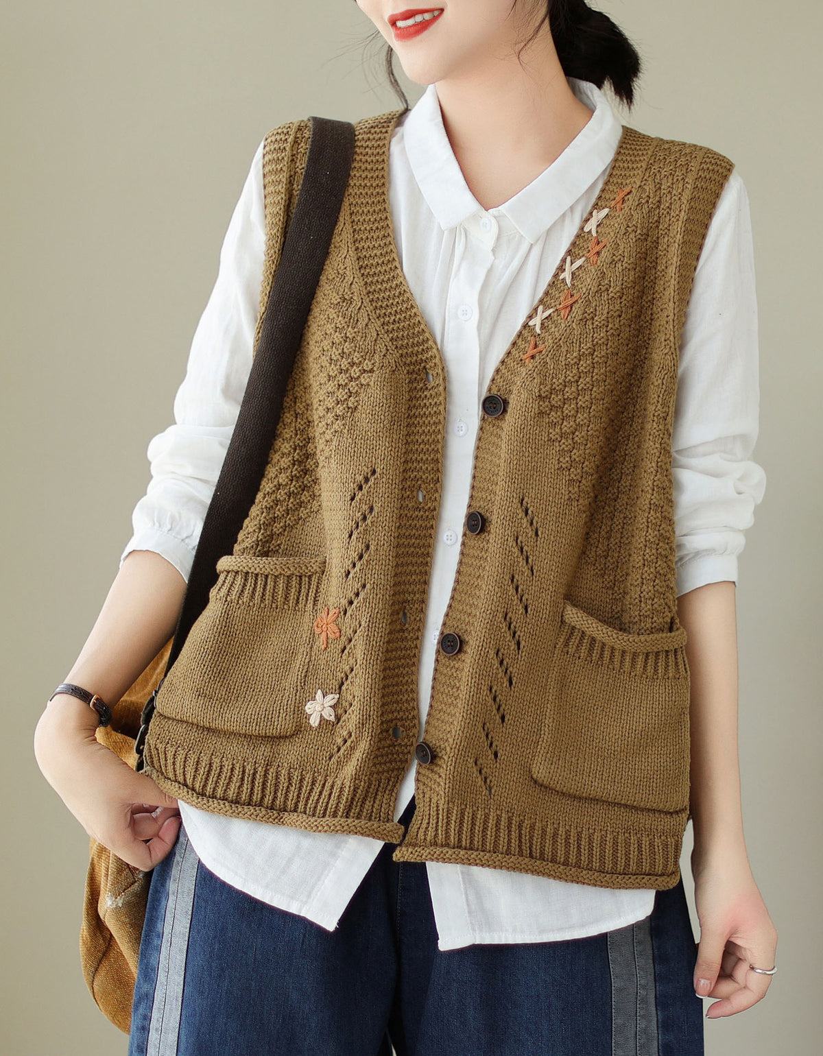 Vintage Green Knit Vest Women Sleeveless Cardigan