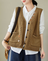Vintage Green Knit Vest Women Sleeveless Cardigan
