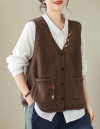 Women’s Embroidered Knit Vest with Pockets Casual