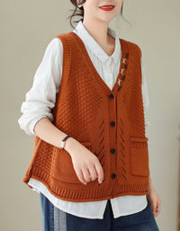 Casual Knitted Vest Women V Neck Button Sleeveless