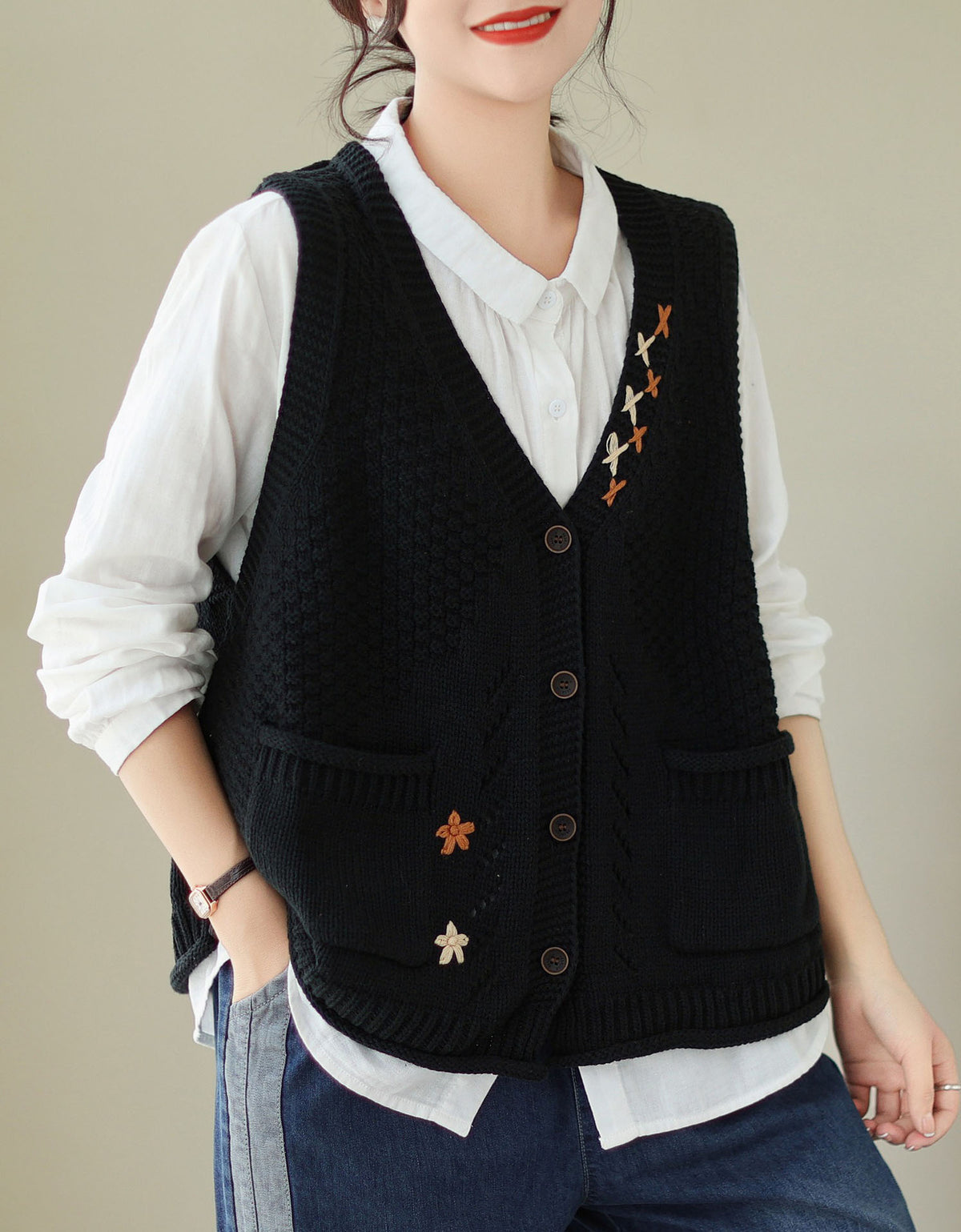 Knitted Sweater Vest Women V Neck Button Casual Fit