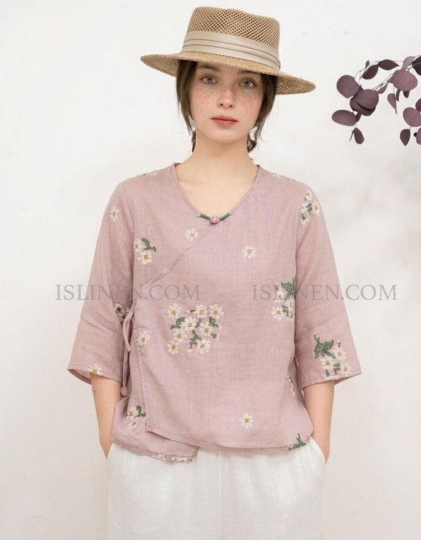 Front view of purple embroidered linen blouse for women casual outfit
