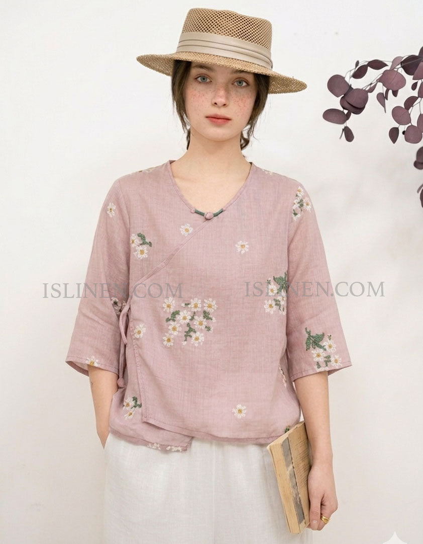 Vintage style purple linen blouse for women lightweight summer wear
