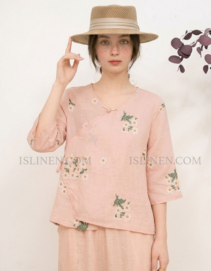 Front view of pink embroidered linen blouse for women casual outfit